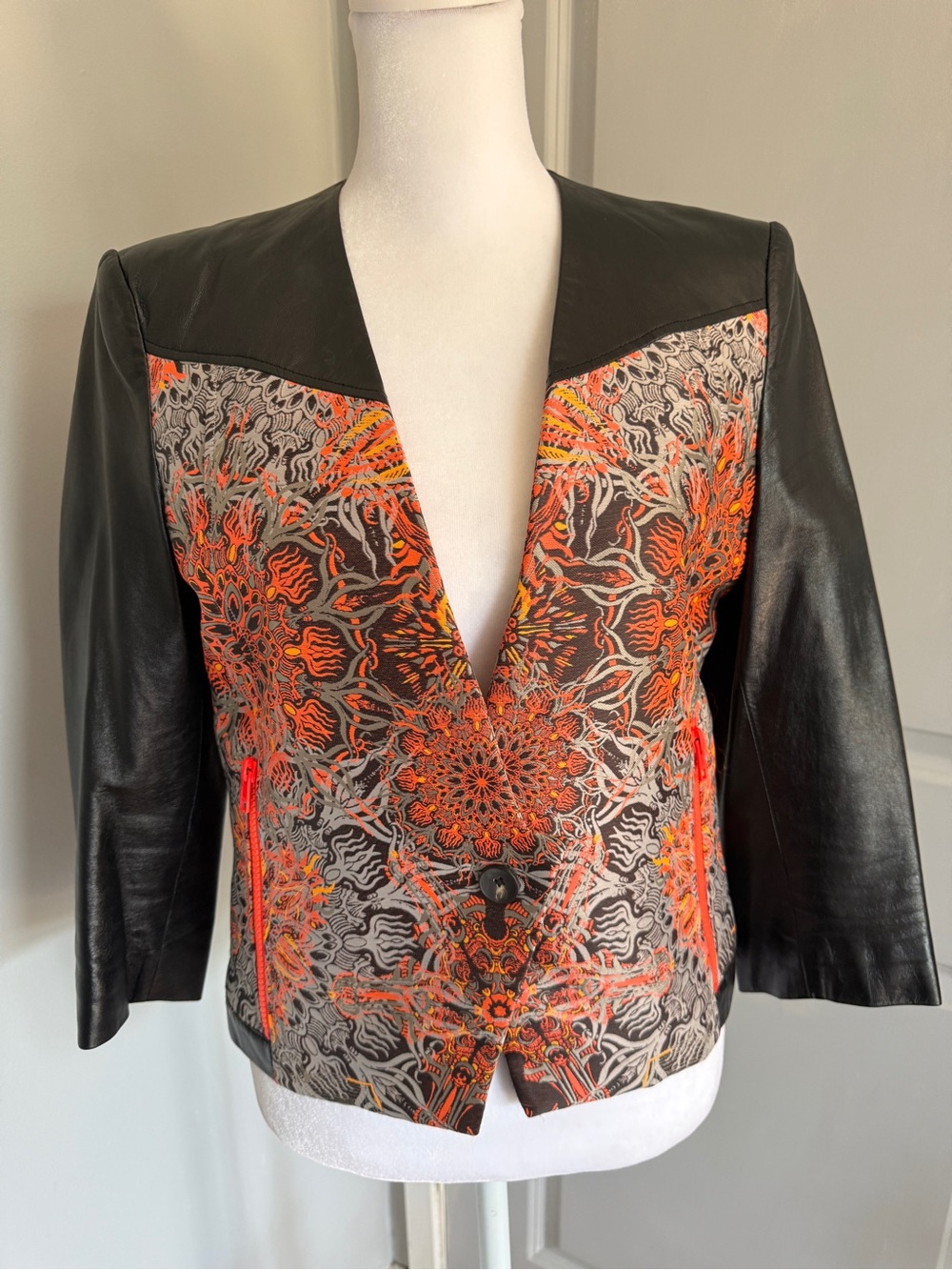 Helmut Lang orange and black medallion jacquard leather jacket